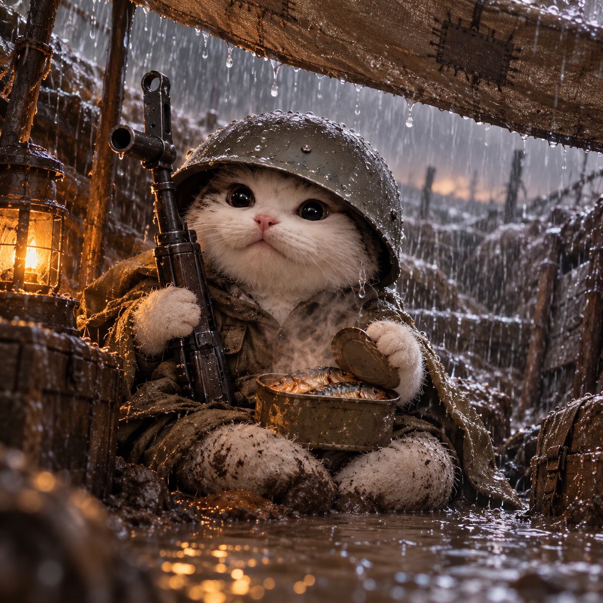 Trenchcat finding warmth and food beneath a lantern in the rain
